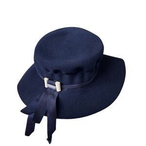 VTG Glenover wool navy blue hat wide brim Pasadena hats women medium ribbon
